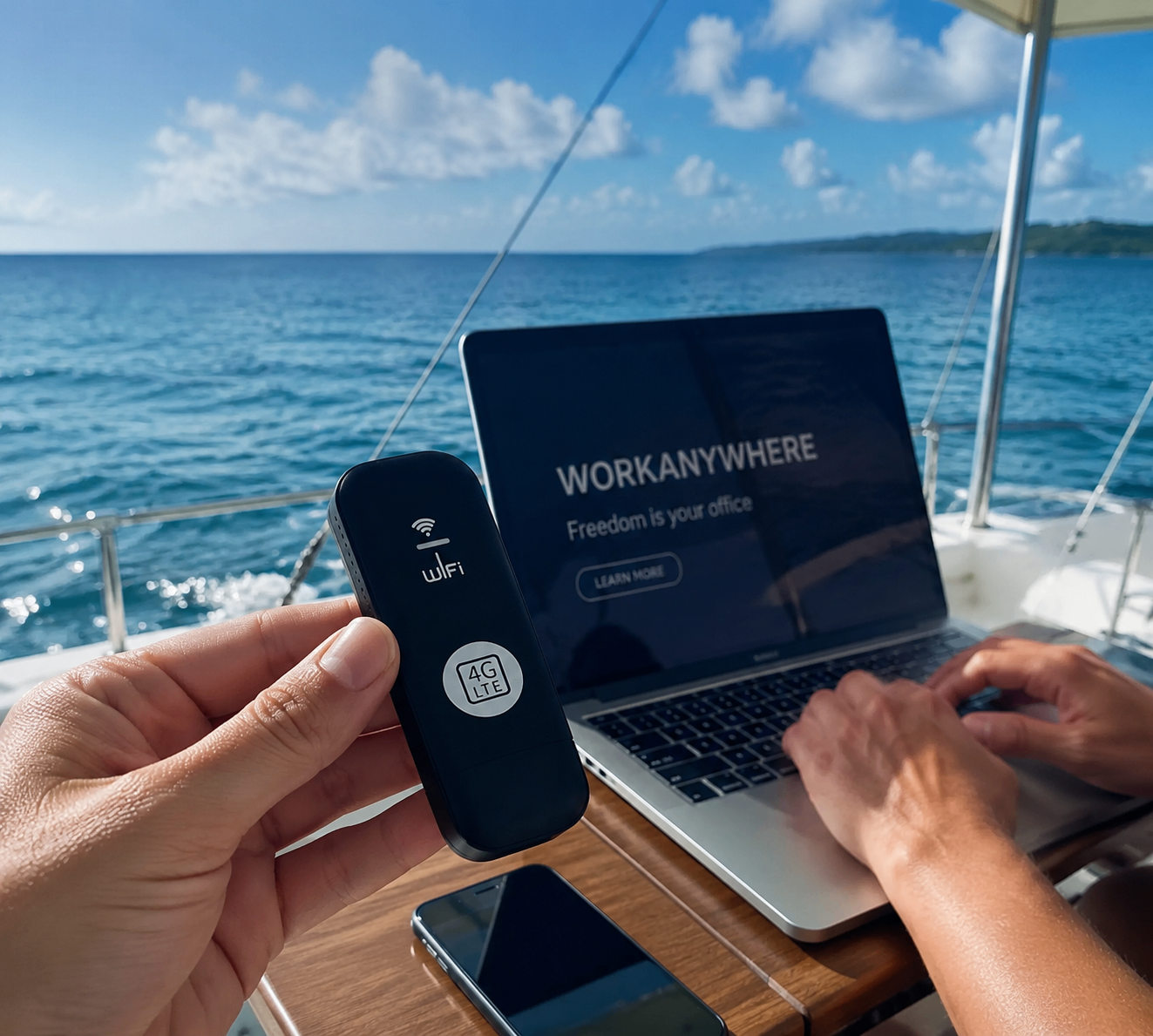 LinkGo 4G em uso em um barco, com notebook e vista do mar