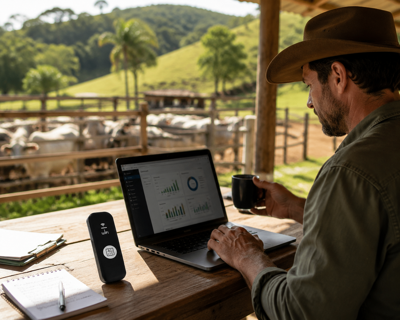 LinkGo 4G em uso em uma fazenda, com notebook e gado ao fundo