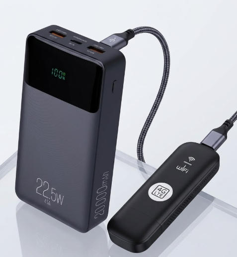 LinkGo 4G conectado a um power bank, pronto para usar em qualquer lugar